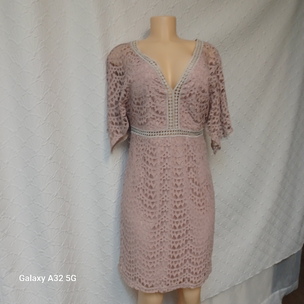 Suzanne Betro Pink Sheath Dress Sixe M with Flutter Sleeves and V-Neck